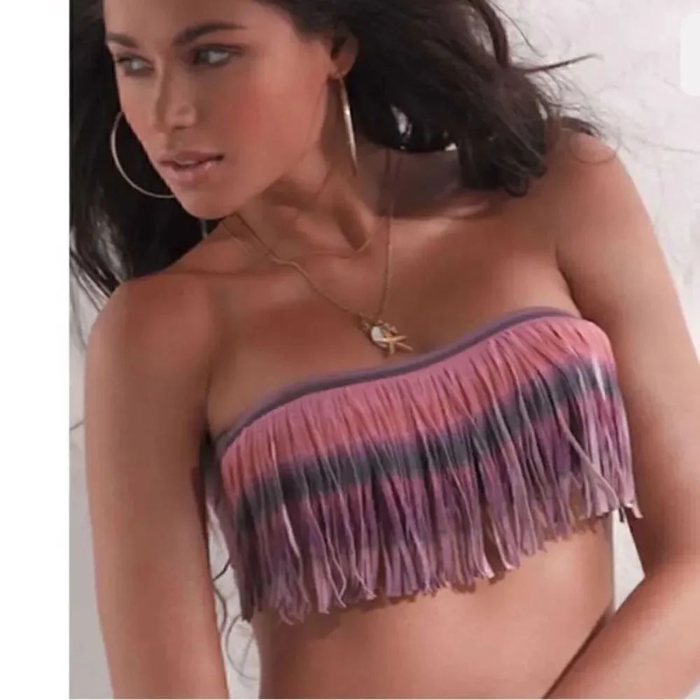 L*Space Dolly Fringe Bandeau Bikini Top Pink Ombré XS
